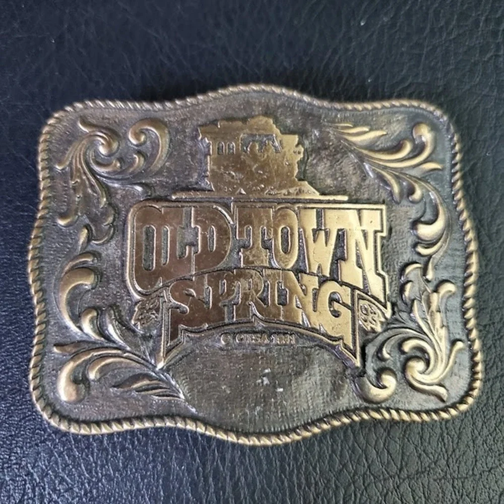 Vintage 1982 Old Town Spring Texas Train Belt Buckle TRG Co Brass Tone Western